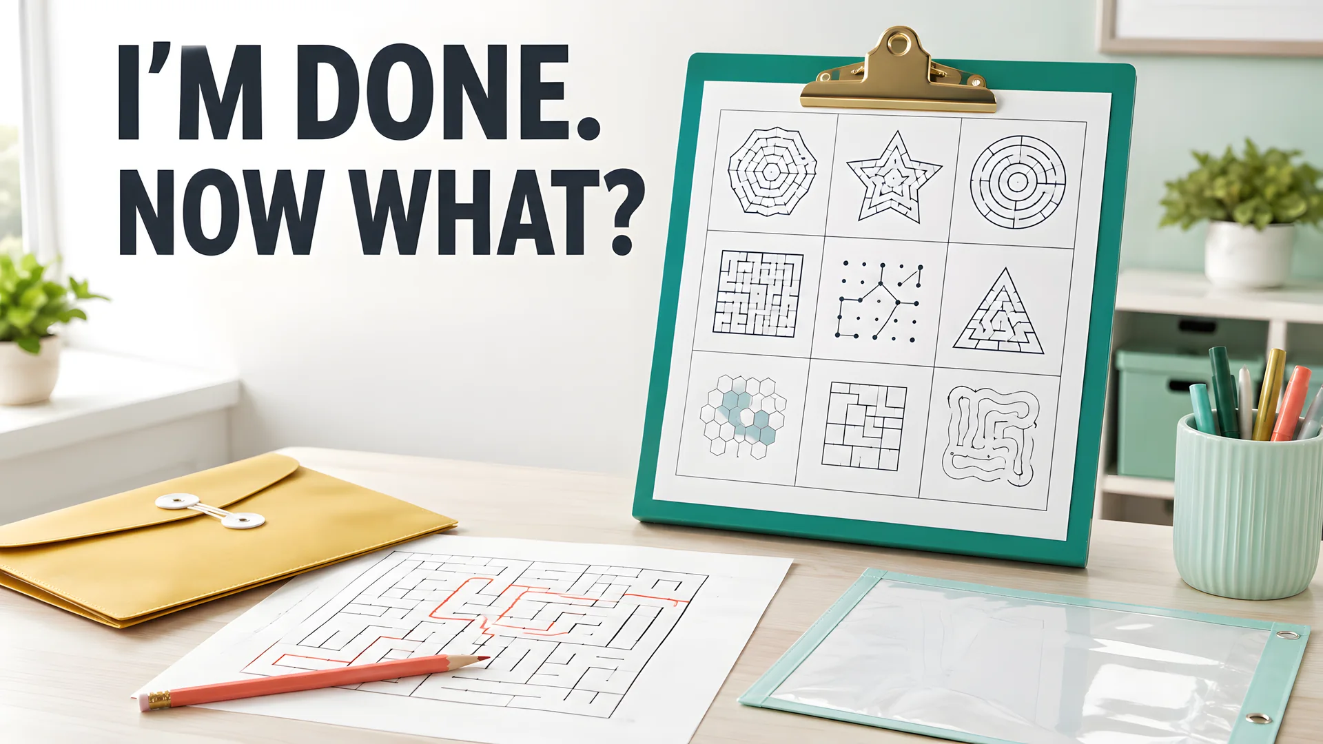 Quiet maze station with a nine-choice board, worksheet, and answer envelope.