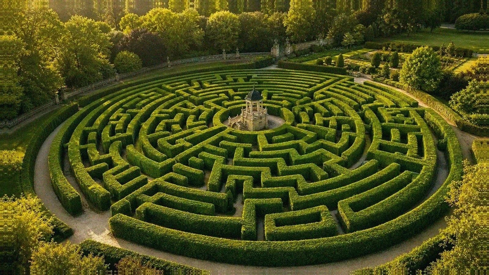 Aerial view of a green hedge maze in a formal garden