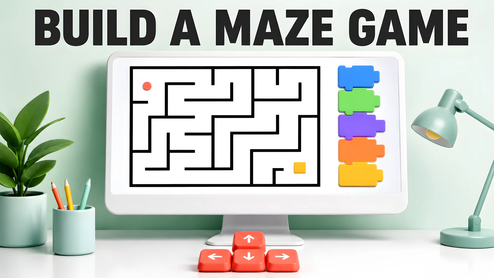 Concept of a maze game beside colorful coding blocks and arrow-key controls.