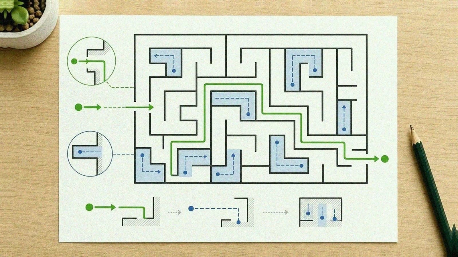 Maze-solving diagram showing the hand-on-wall rule and dead-end filling