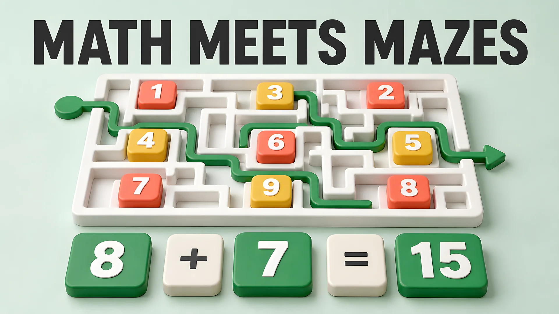 Math-maze concept featuring the correct equation eight plus seven equals fifteen.