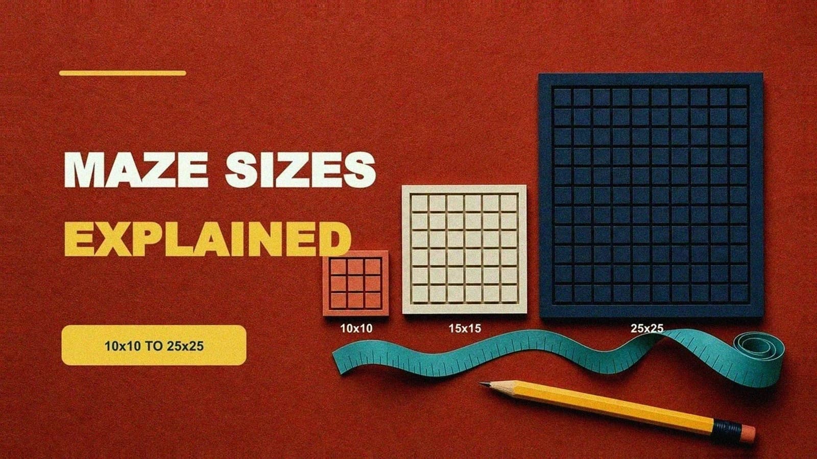 Three progressively larger grids labeled 10 by 10, 15 by 15, and 25 by 25 beside a measuring tape