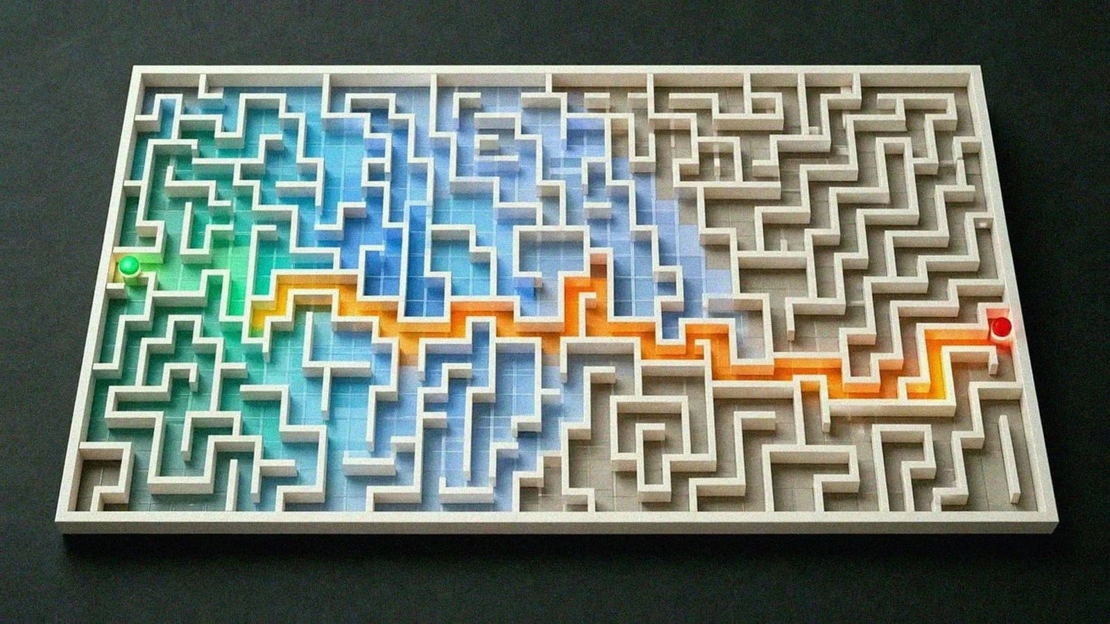 Maze diagram showing explored cells shaded and the shortest solution path highlighted