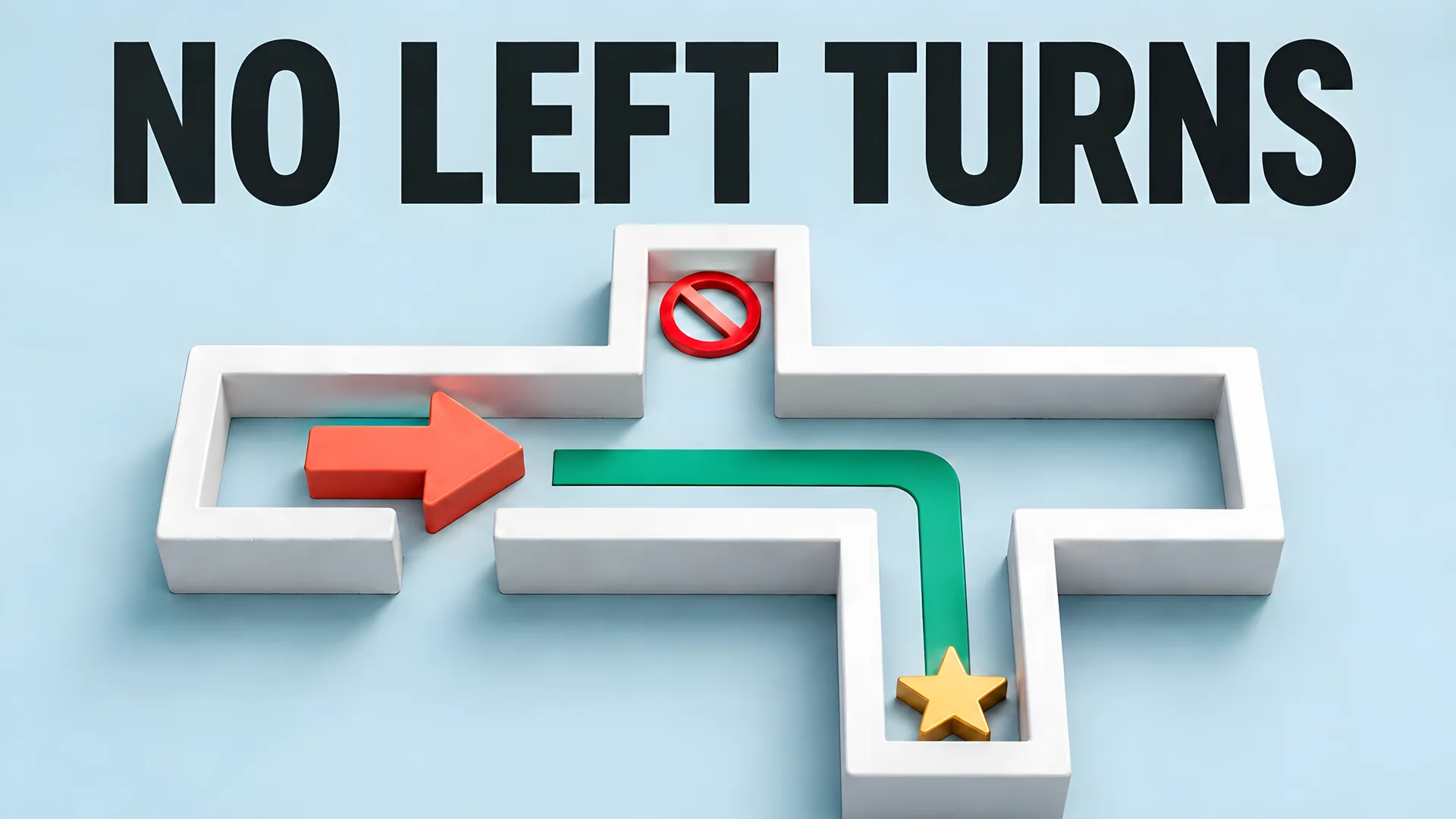 No-left-turn concept with an east-facing token and a highlighted right-hand branch.