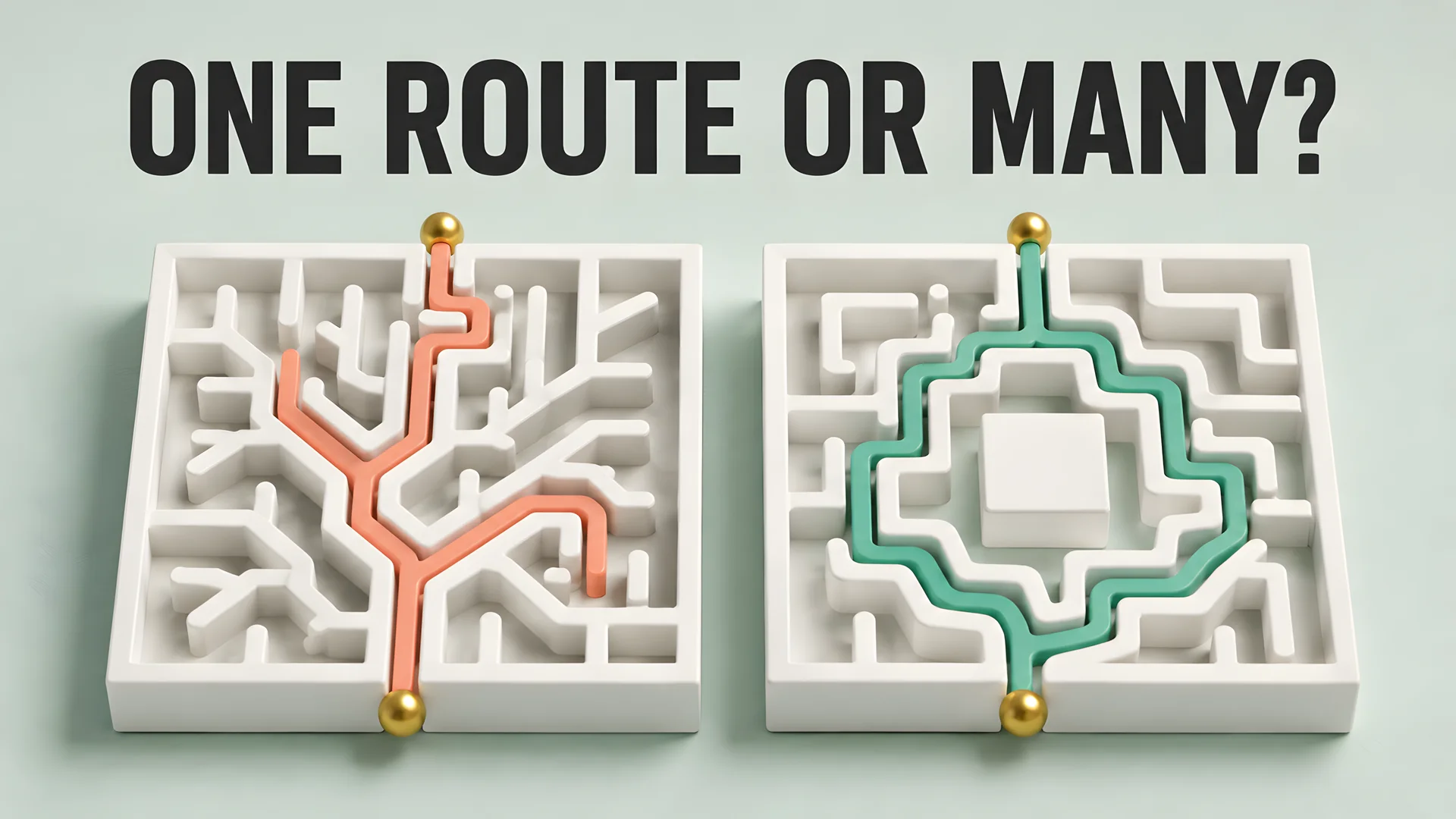 Comparison concept showing branching passages beside reconnecting looped passages.
