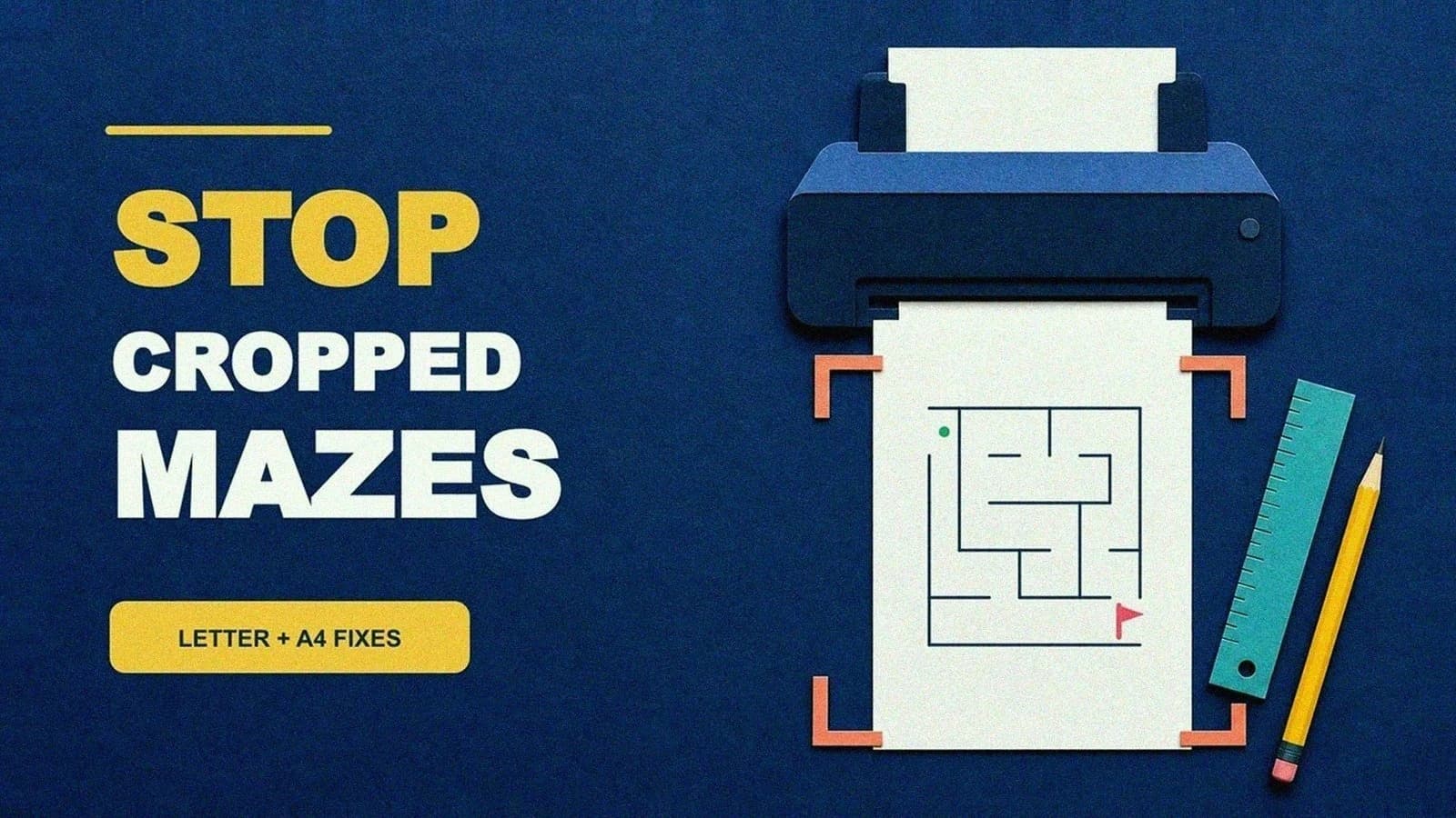 Printer feeding a maze worksheet with corner markers, beside a ruler and pencil