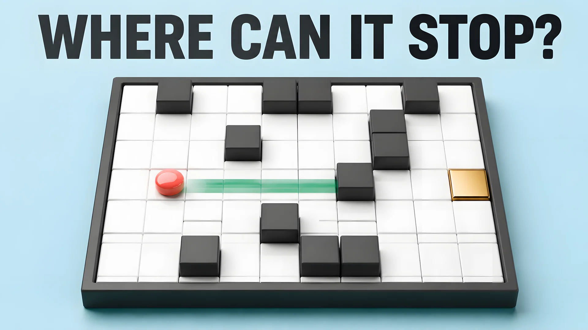 Tilt-puzzle concept showing a token sliding toward a fixed blocker.