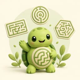 Maze Printables mascot presenting rectangular, circular, and hexagonal mazes