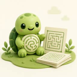Turtle mascot holding a rectangular maze beside a stack of maze worksheets