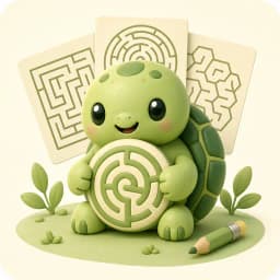 Turtle mascot with rectangular, circular, and hexagonal maze worksheets and a pencil