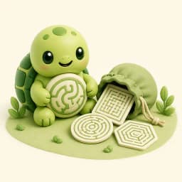 Turtle mascot beside a drawstring bag of rectangular, circular, and hexagonal mazes