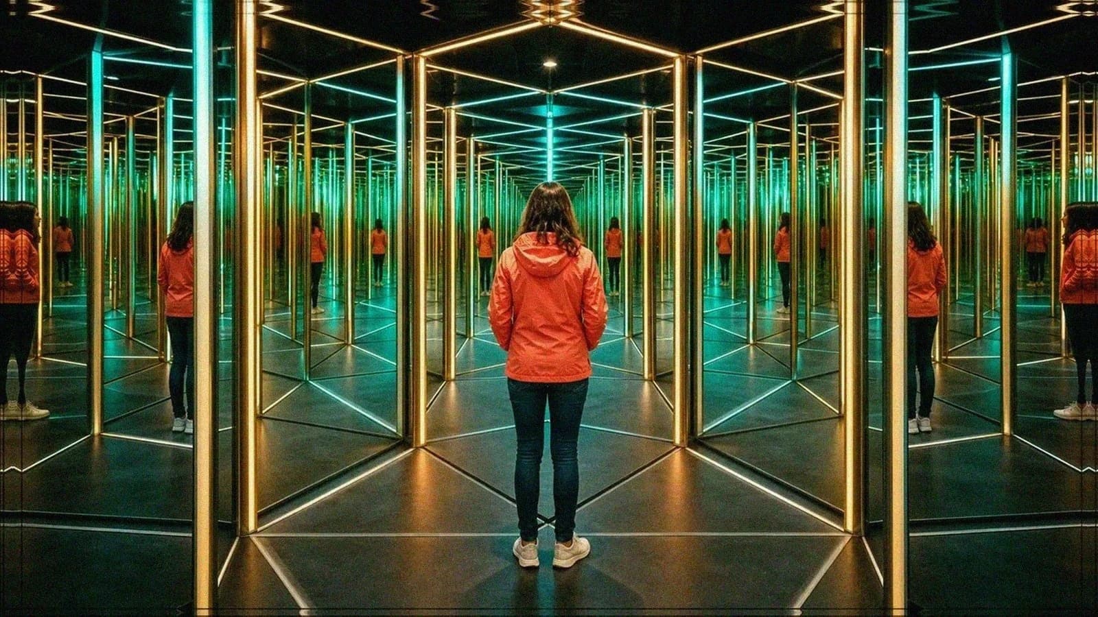 Mirror maze corridor with repeating columns and infinite reflections under colored LED light