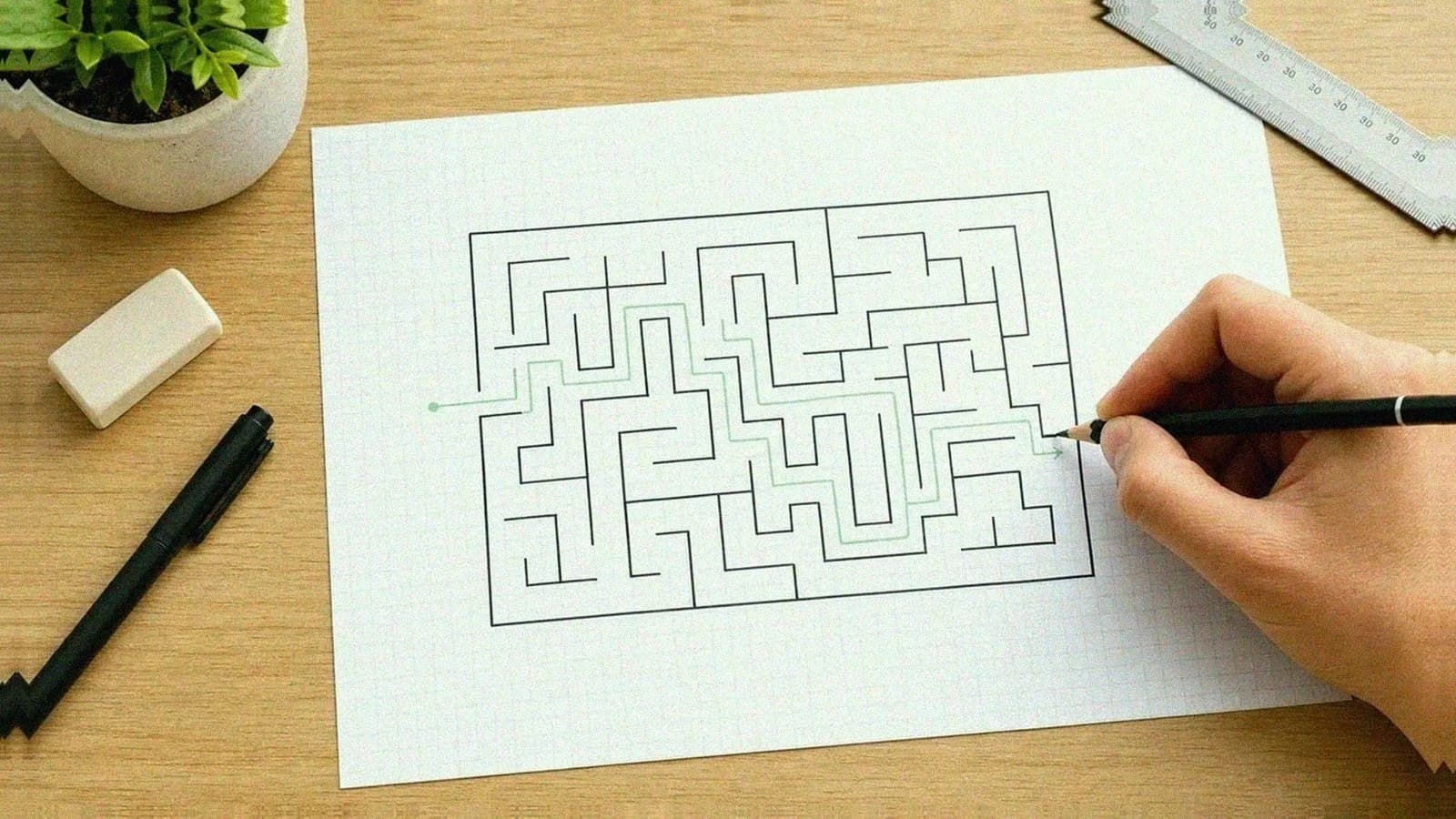 Hand drawing a maze step by step on graph paper with a penciled solution path