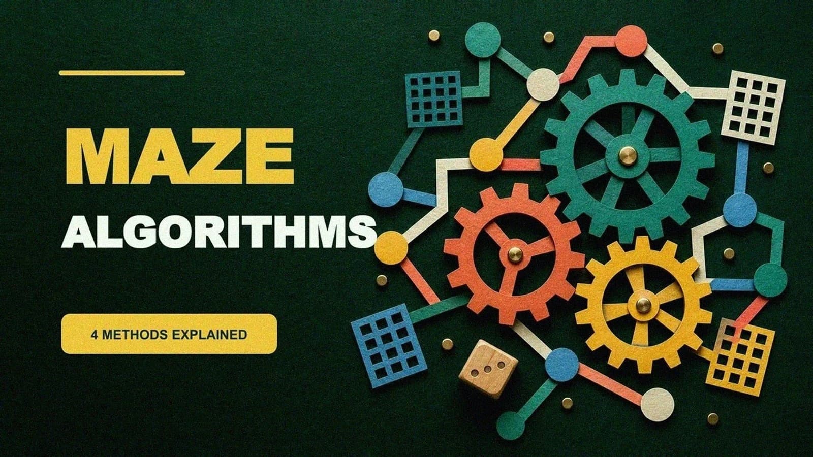 Paper-cut gears and graph nodes illustrating how maze generation algorithms work