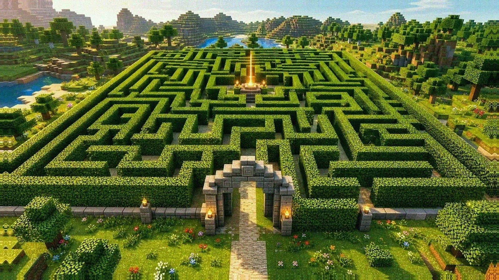 Overhead view of a blocky voxel hedge maze with a stone entrance and glowing goal marker