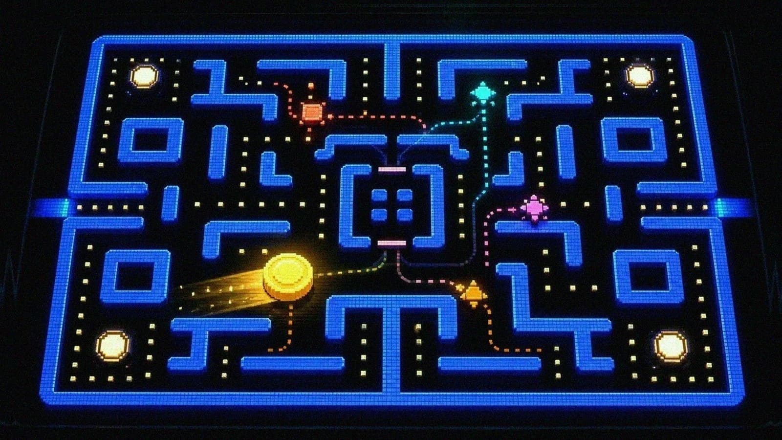 Neon blue arcade-style maze layout with symmetric corridors on a dark background