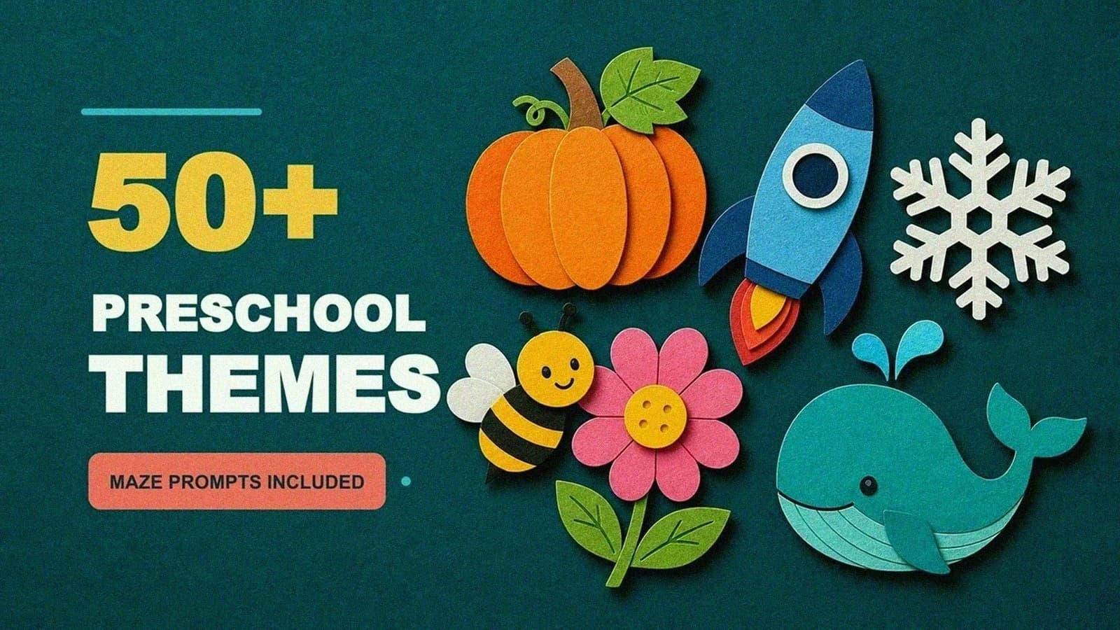Paper-cut collage for 50-plus preschool themes with a pumpkin, rocket, snowflake, bee, flower, and whale