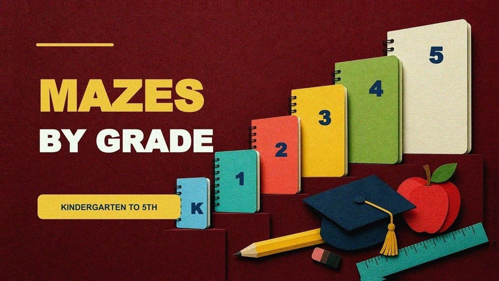 Six ascending school notebooks labeled kindergarten through fifth grade with a pencil and graduation cap