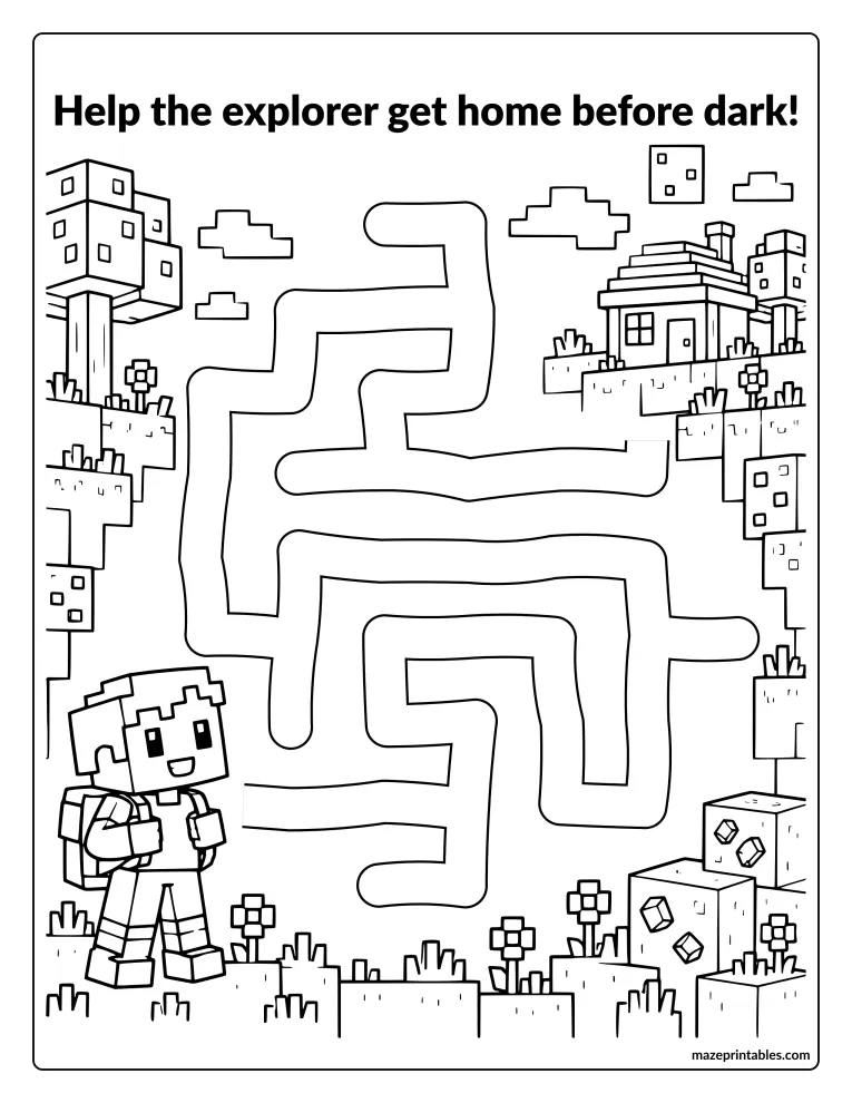 Winding path maze from a blocky explorer to a small blocky house