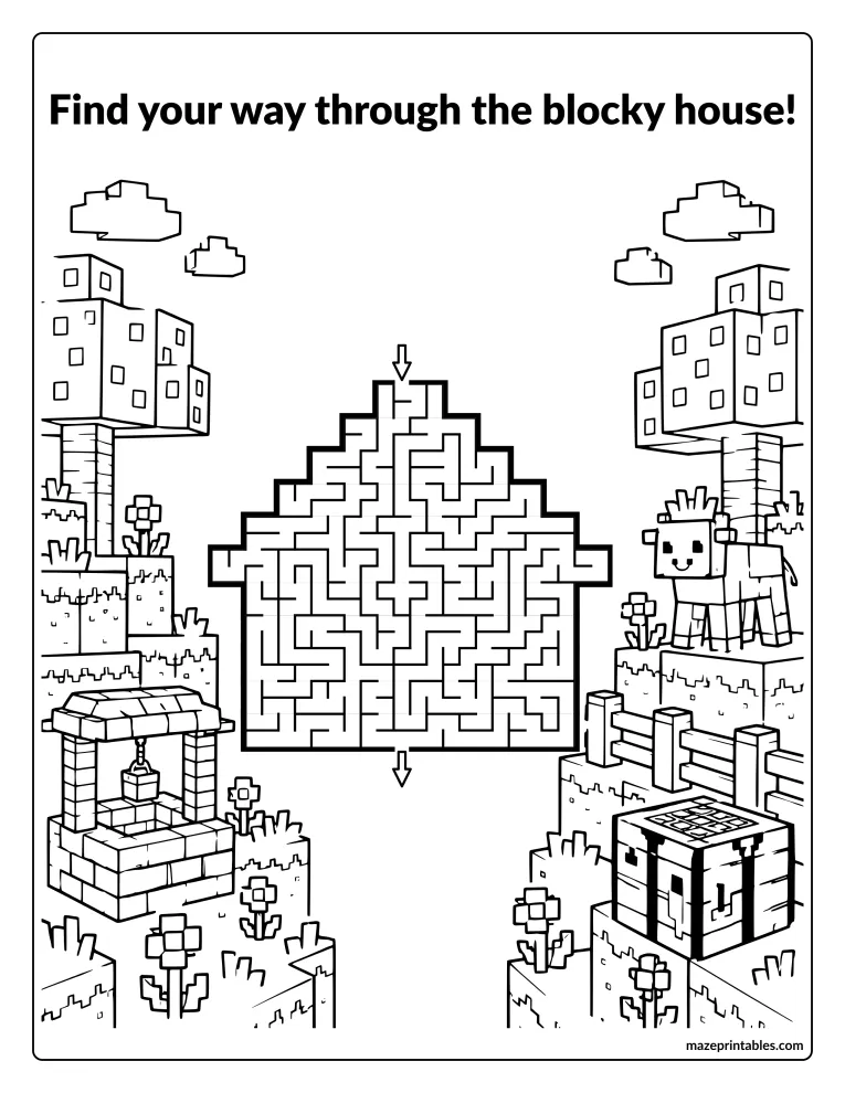 House-shaped pixel maze with a stepped roof, a well, and a fence