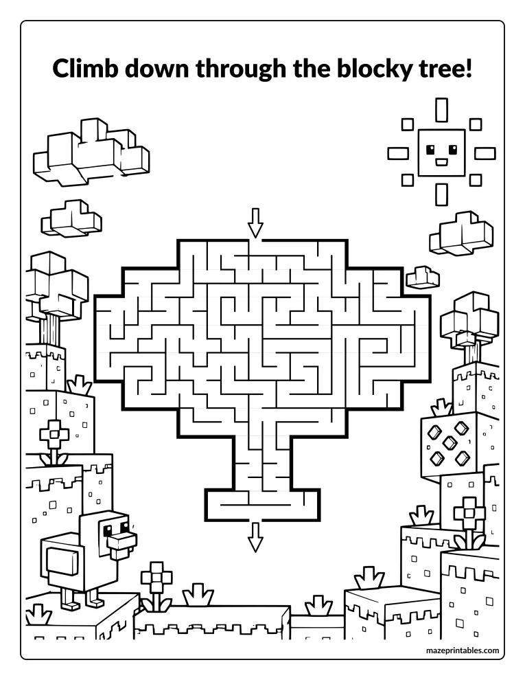 Cube-tree-shaped pixel maze with a pixel sun, clouds, and a blocky chicken