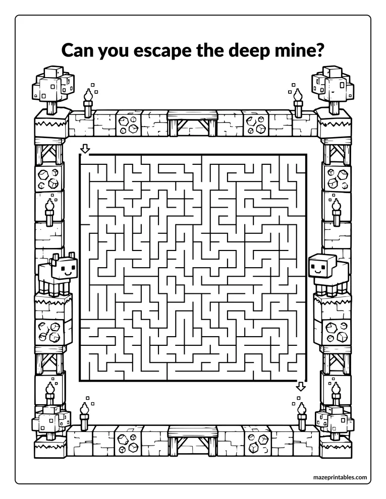 Large grid maze inside a border of stone blocks, ore blocks, and torches