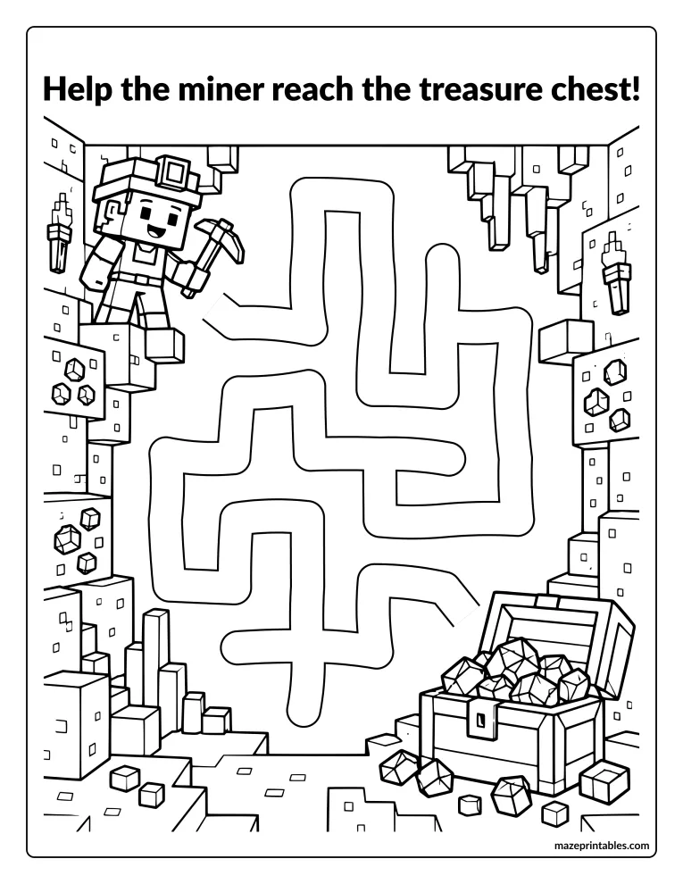 Winding cave path maze from a blocky miner to a treasure chest