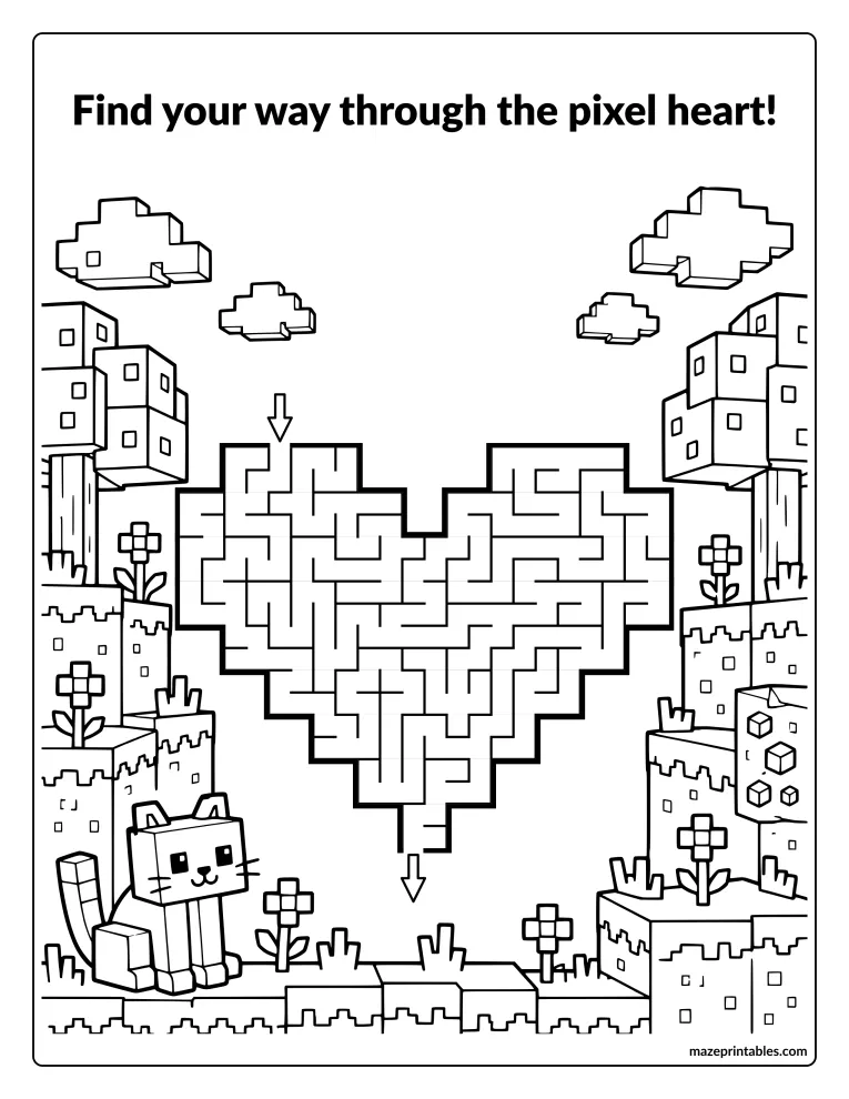 Heart-shaped pixel maze with blocky trees, flowers, and a blocky cat