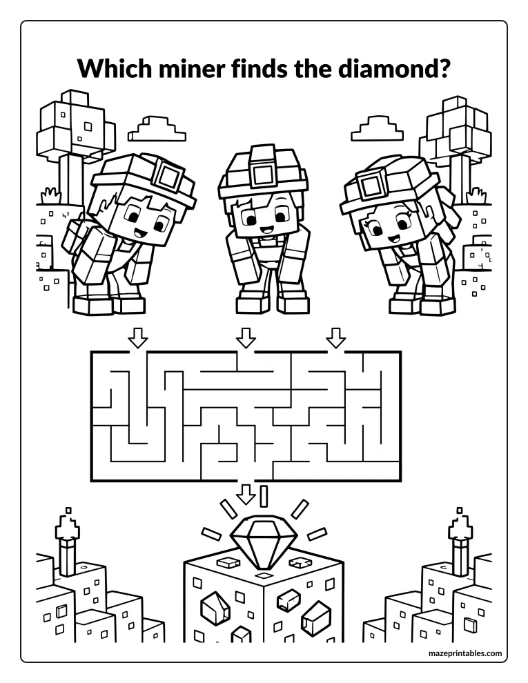 Maze with three blocky miners at the top and a diamond block at the bottom