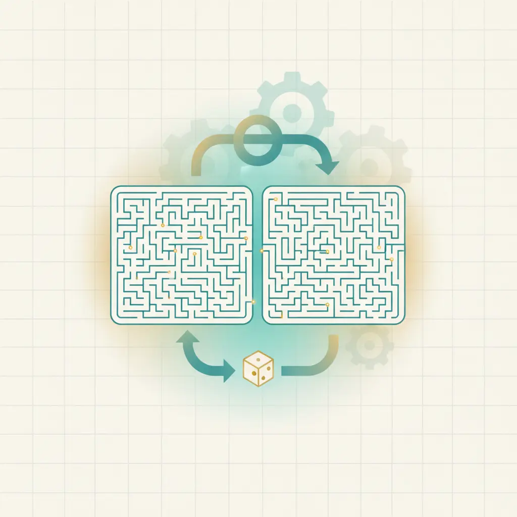 Two identical mazes with looping arrows and a dice icon