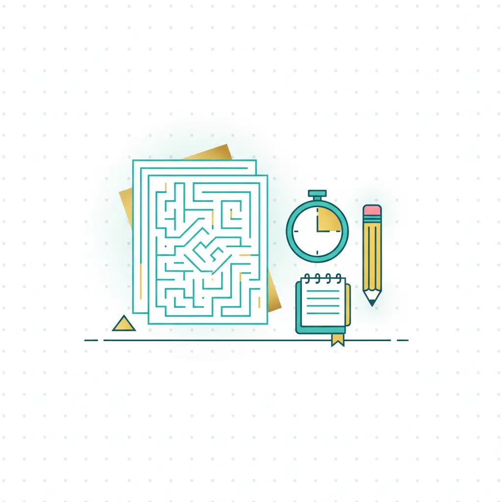 Maze warm-up worksheet with a timer and pencil