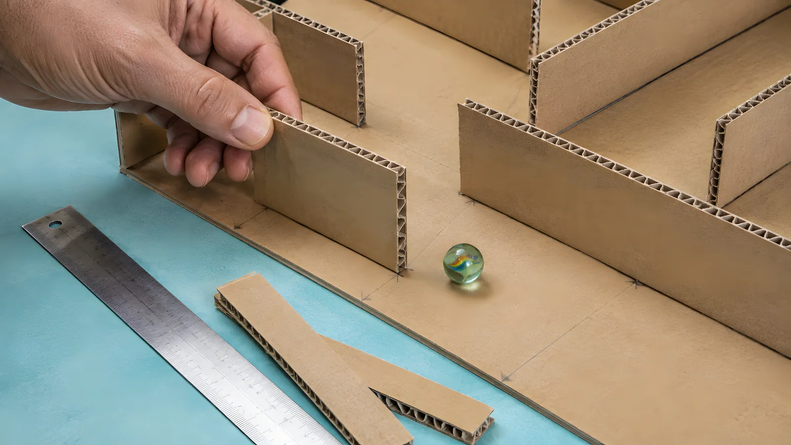 Close-up of an adult placing a cardboard wall strip beside a marble.