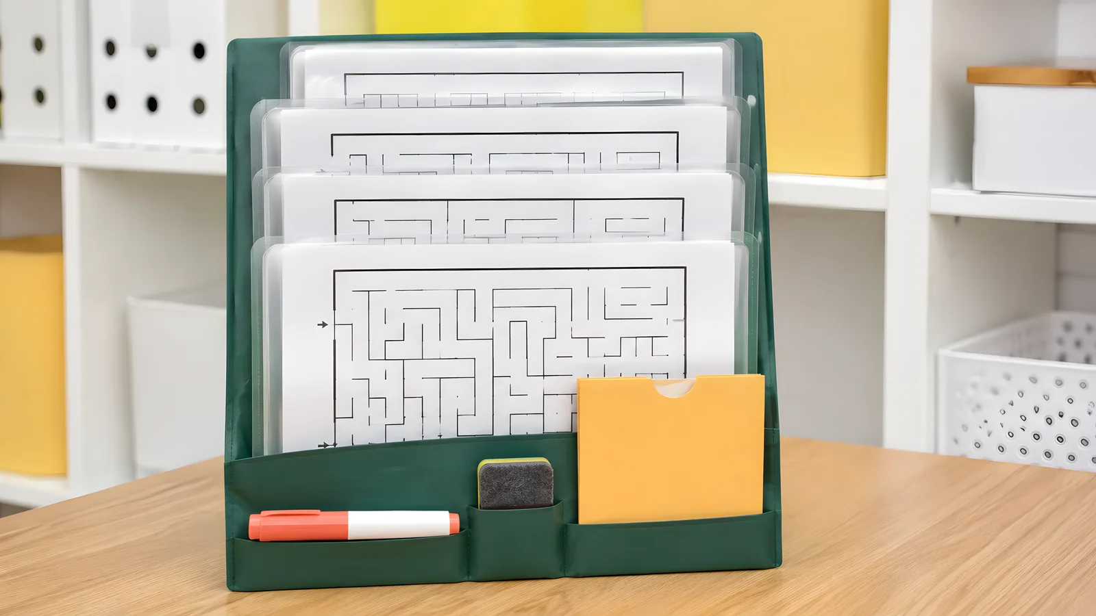 Reusable maze station with dry-erase sleeves, a folder, and a separate answer envelope.