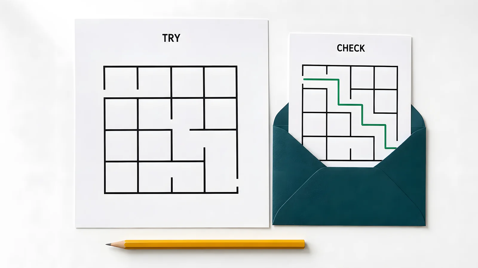Illustration of a clean maze worksheet beside a separate answer card in a teal envelope.
