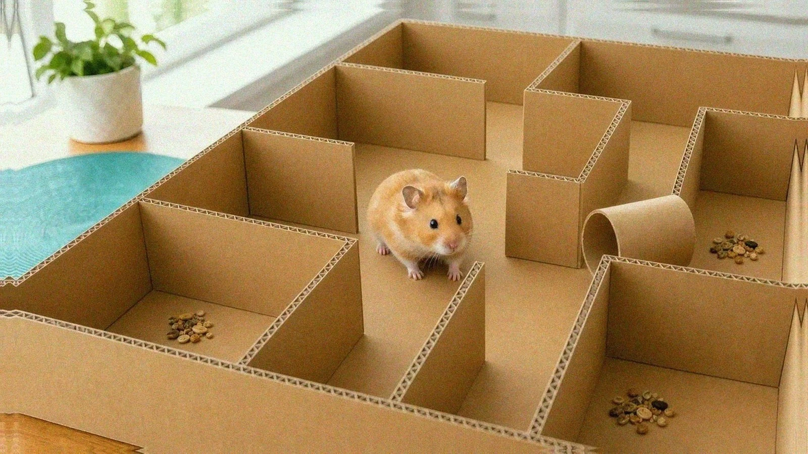 Cardboard hamster maze on a table with a Syrian hamster exploring a corridor junction