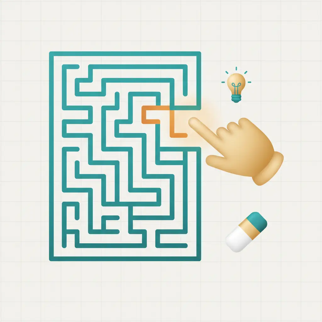 Maze with a highlighted dead end and hint lightbulb