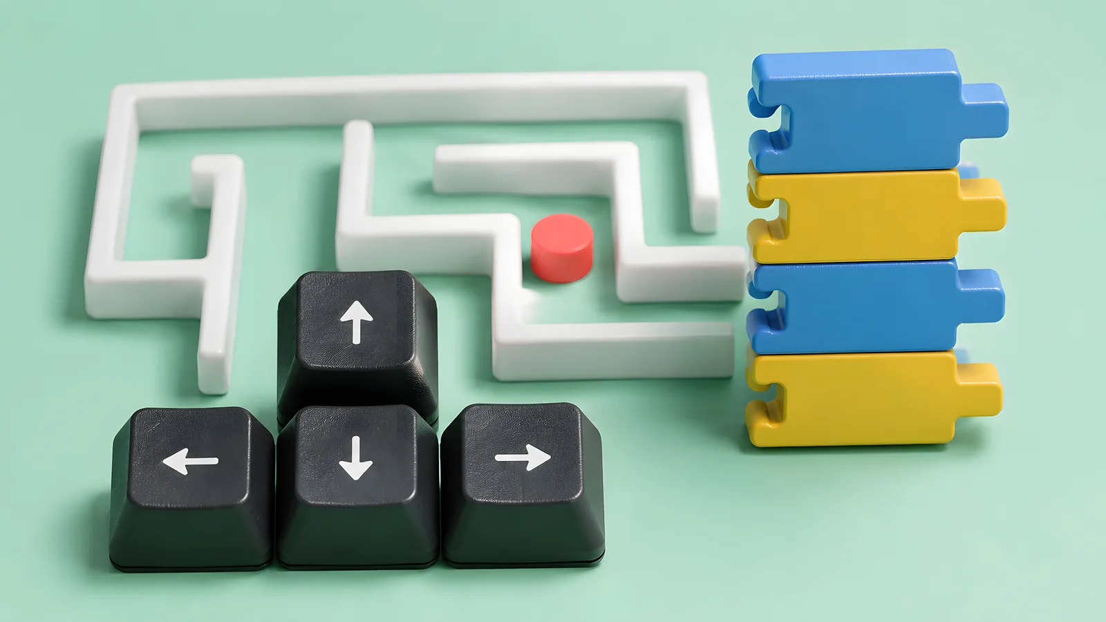 Arrow-key control concept beside a simple maze corridor and player token.