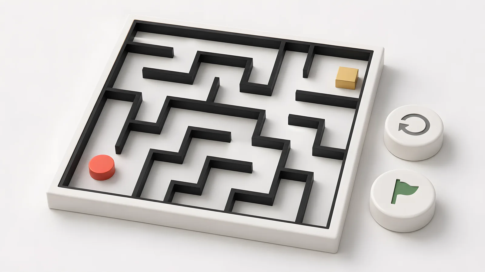 Maze-game concept showing a goal token and separate replay controls.