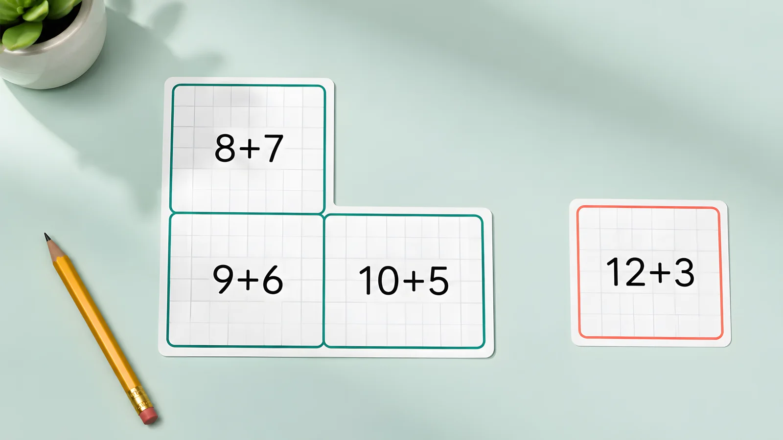 Addition concept showing connected sums and an isolated twelve-plus-three cell.