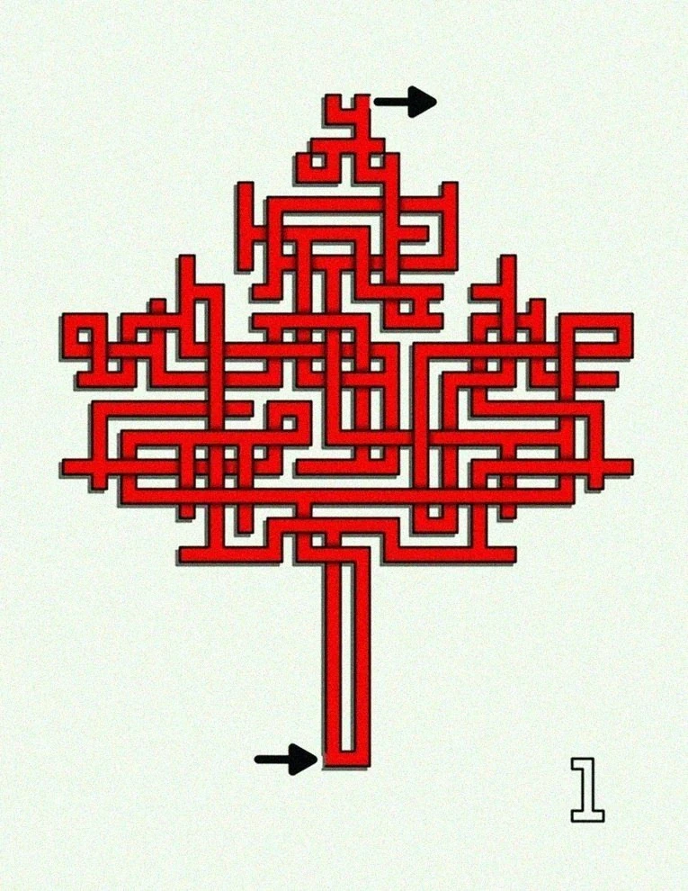 A real black and white weaving maze with paths crossing over and under one another
