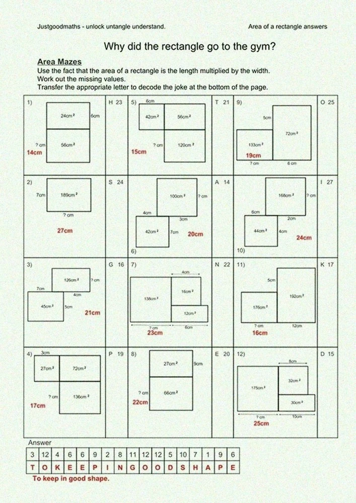 The answer sheet for the real Menseki Meiro worksheet with red missing lengths and a decoded joke