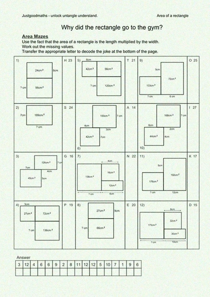 A real Menseki Meiro worksheet with twelve area maze puzzles and a joke answer grid