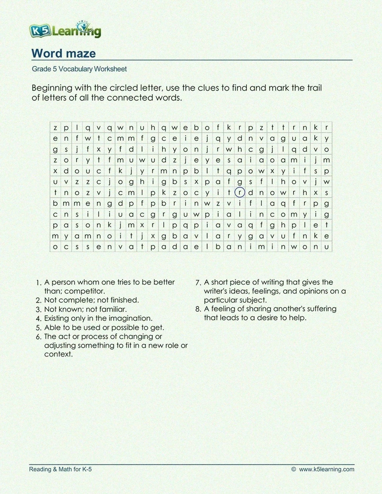A real K5 Learning Grade 5 word maze worksheet with a letter grid and vocabulary clues