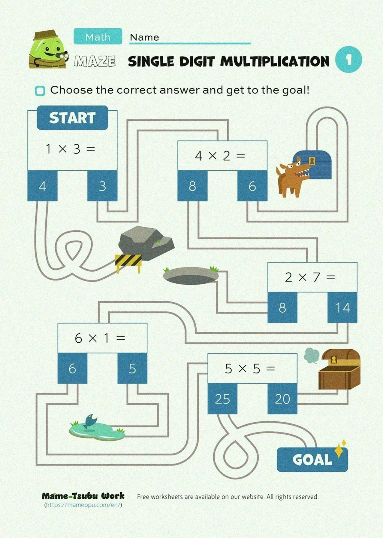 A real colorful single-digit multiplication maze worksheet with answer choices leading from start to goal