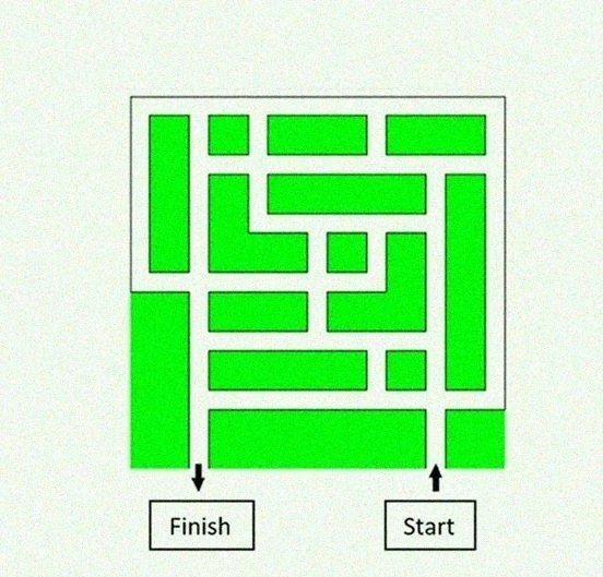 A real green and black no-turning-left logic maze with start and goal markers