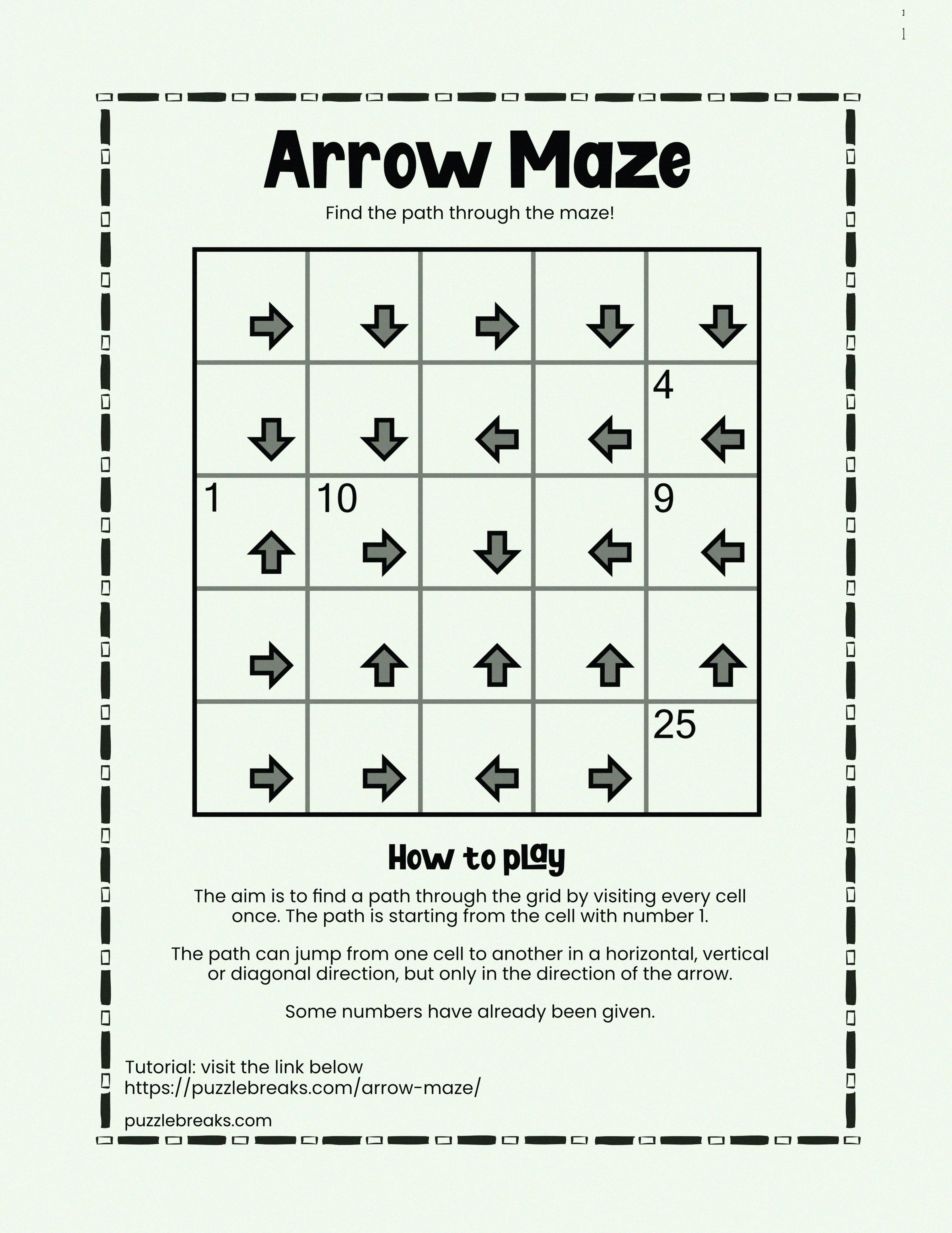 A real five by five arrow maze worksheet with arrows in every cell and numbered checkpoints