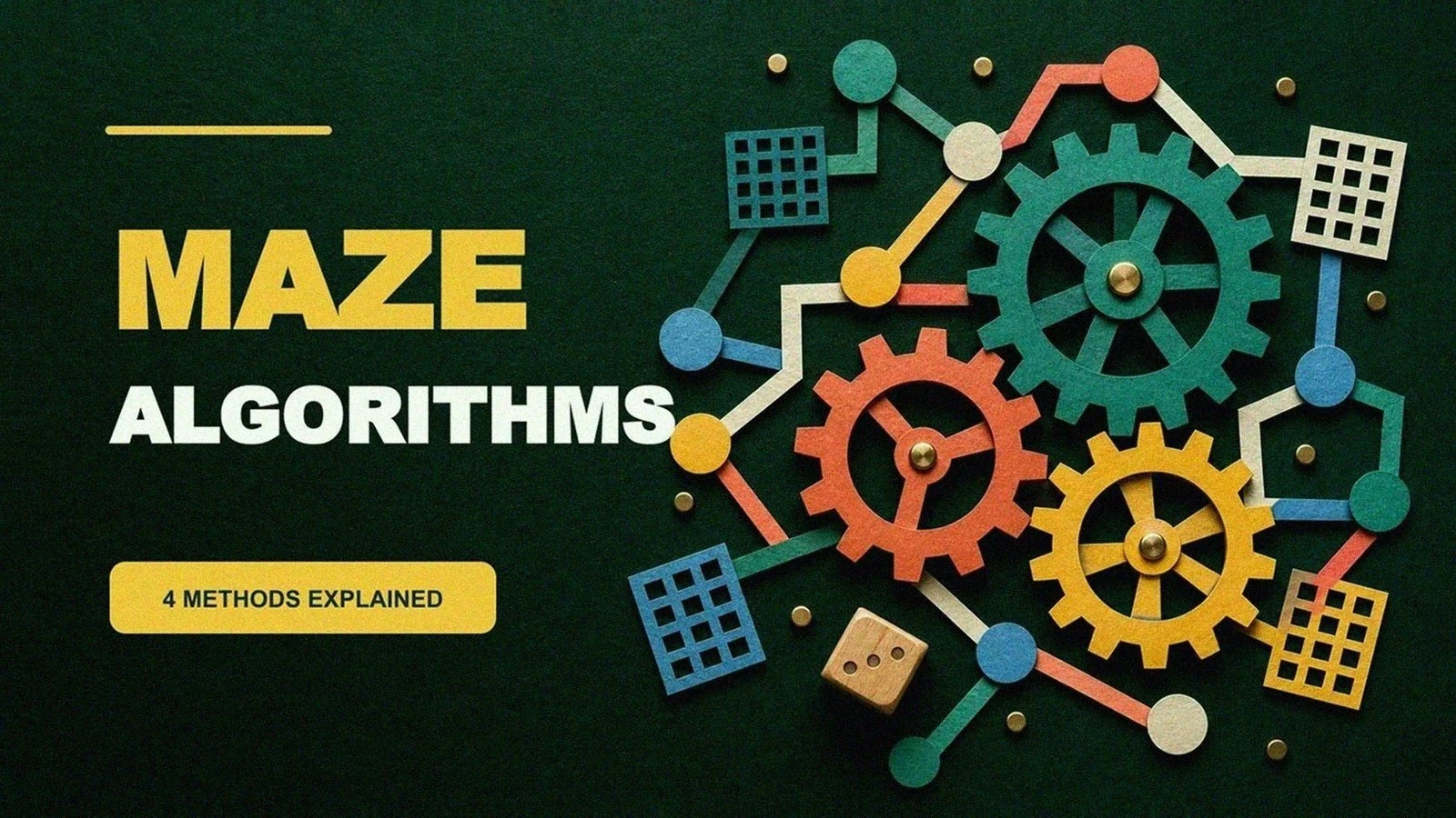 Paper-cut gears and graph nodes illustrating how maze generation algorithms work