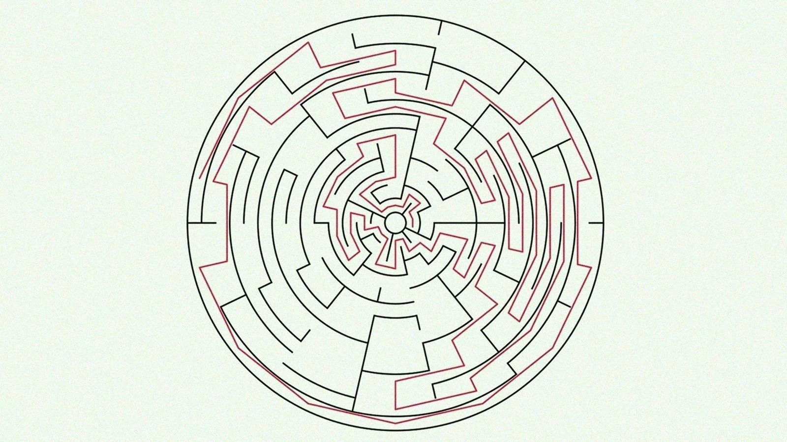 A circular maze generated by Maze Printables with the solution path drawn in pink