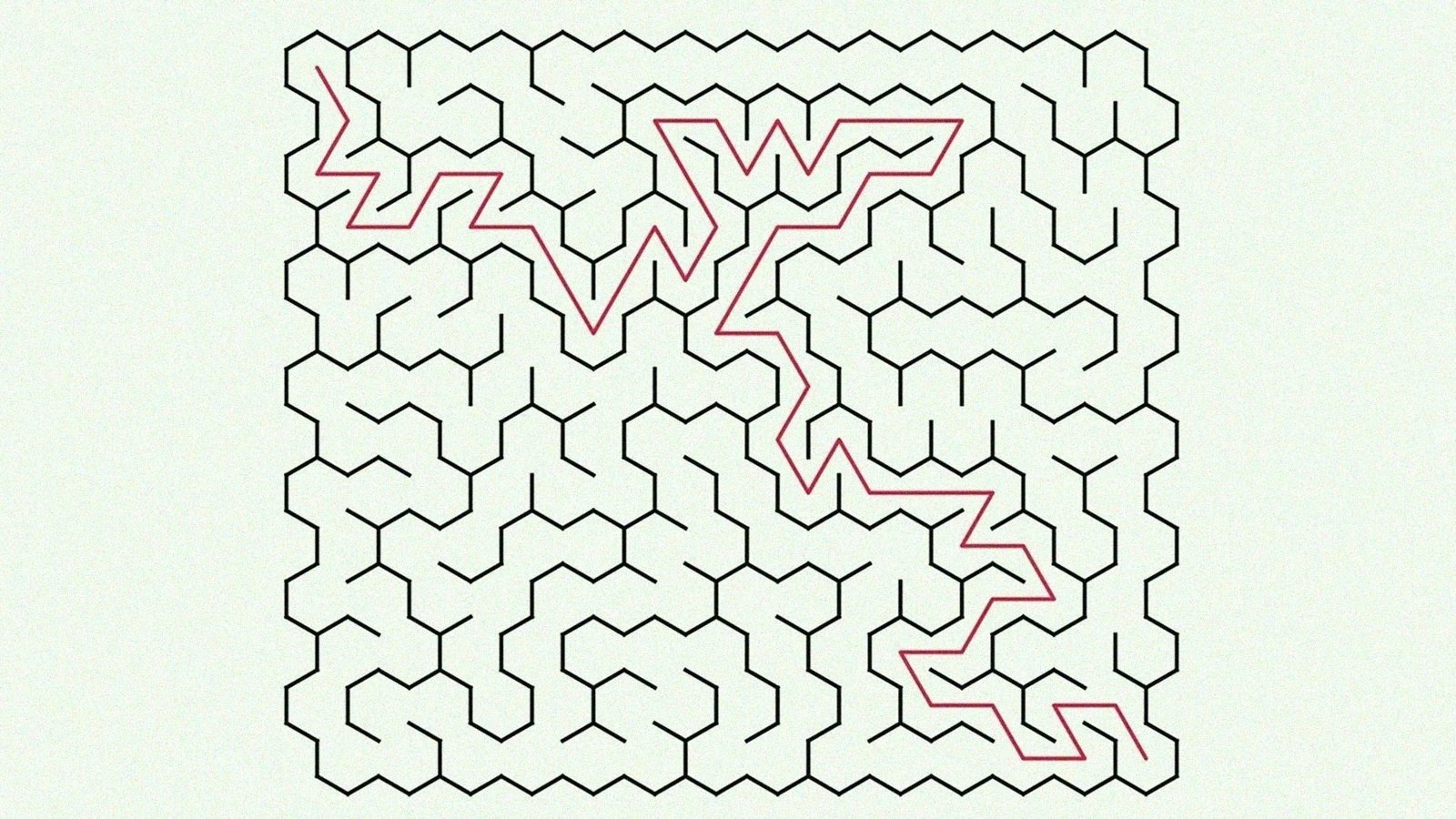 A hexagonal maze generated by Maze Printables with the solution path drawn in pink