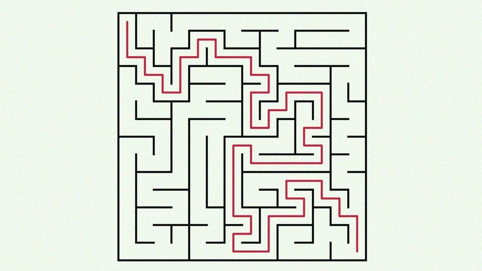 Rectangular maze with the solution path drawn in red
